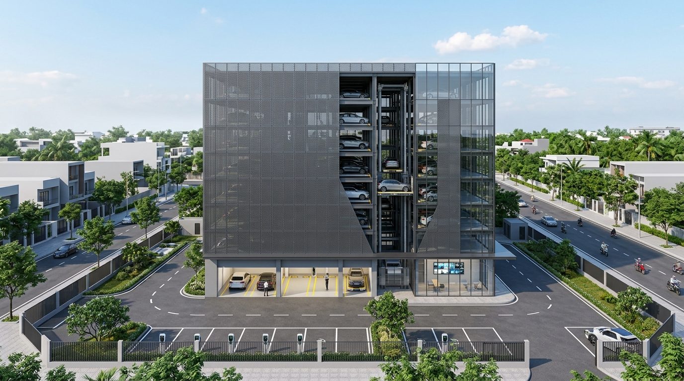 AI rendering of a high-rise AGV parking garage generated by CGD's tool