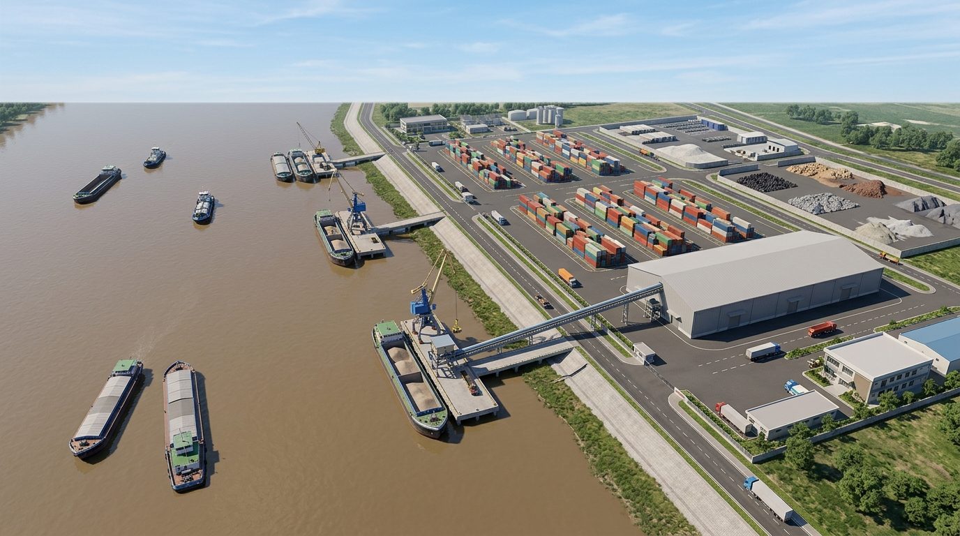 AI rendering of a river port and inland waterway wharf generated by CGD's tool