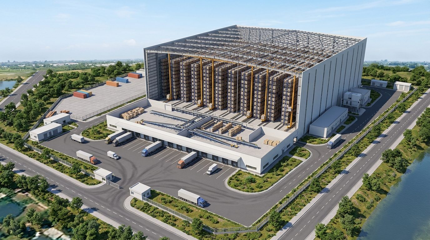 AI rendering of an automated warehouse (AS/RS) generated by CGD's tool