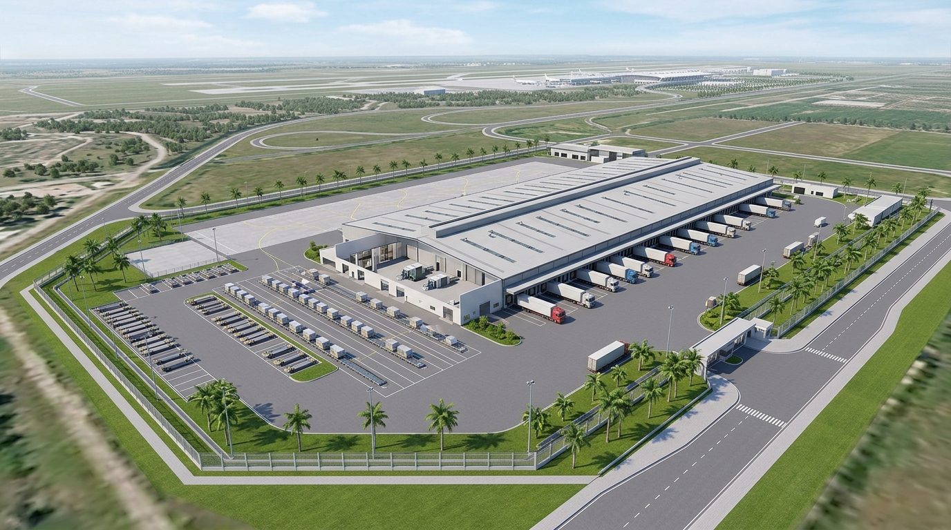 AI rendering of an off-airport air cargo warehouse generated by CGD's tool