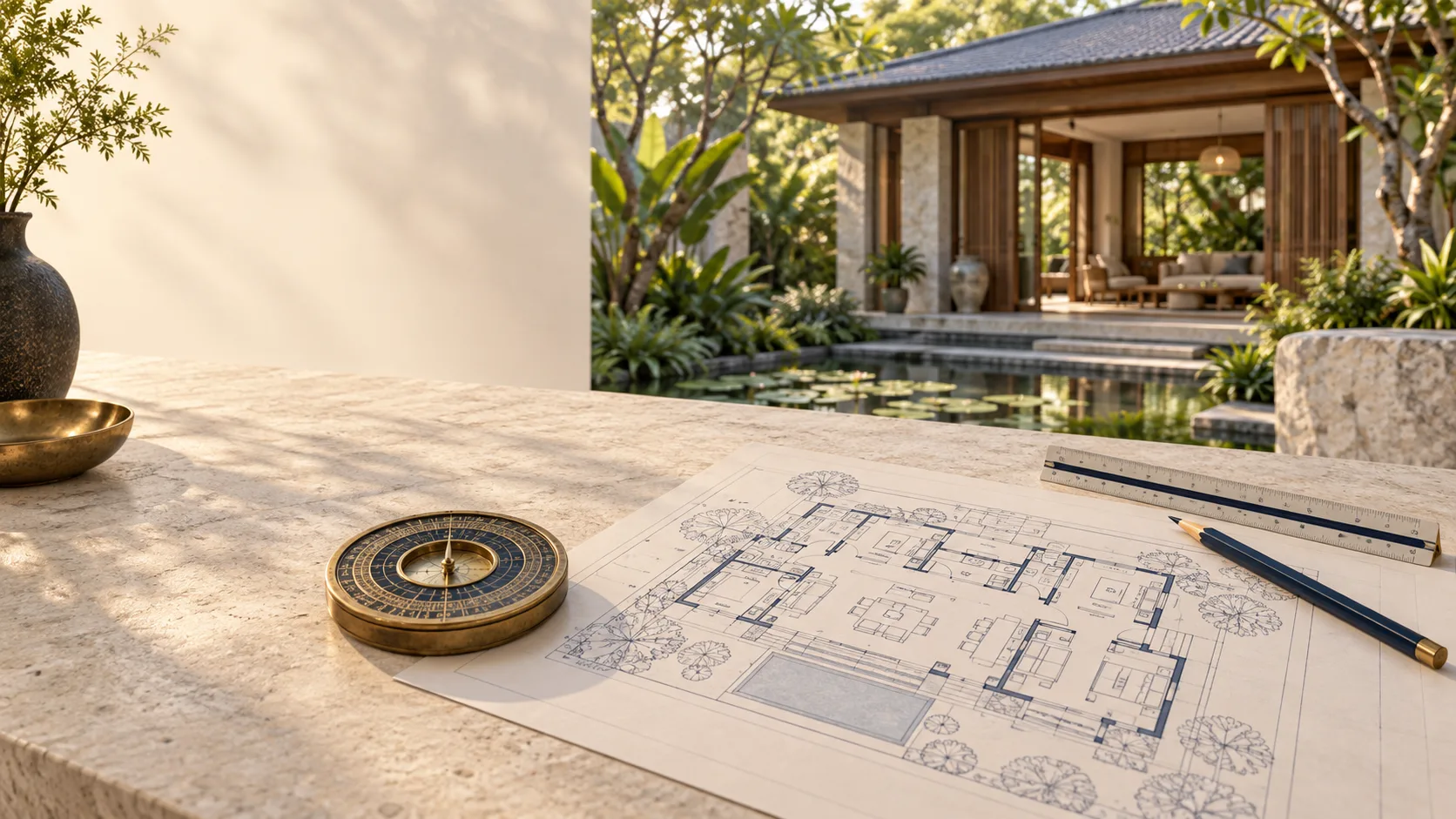 Feng shui compass placed next to the house floor plan